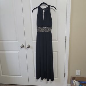 R&M Richards Black empire Waist Long Dress with Silver Beading. Size 14p